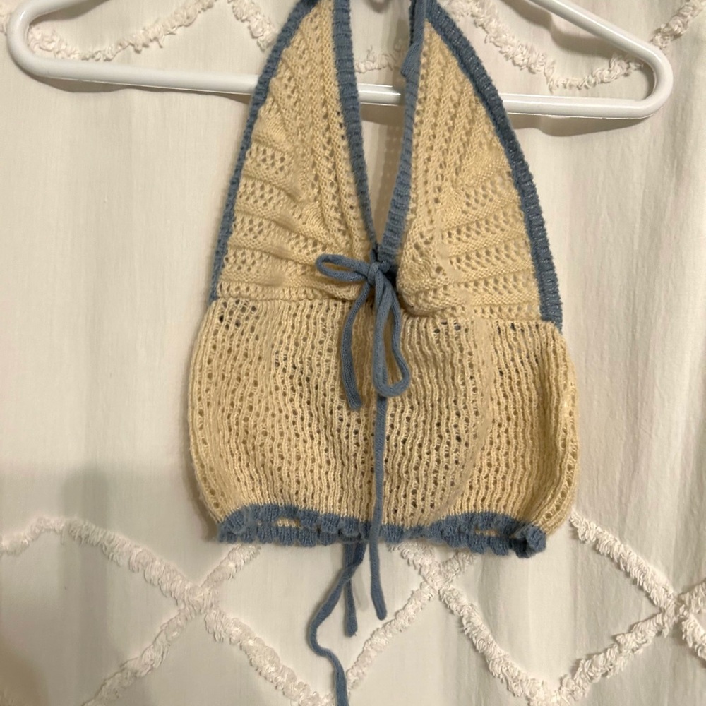 Knit Halter Top - Cream and Blue